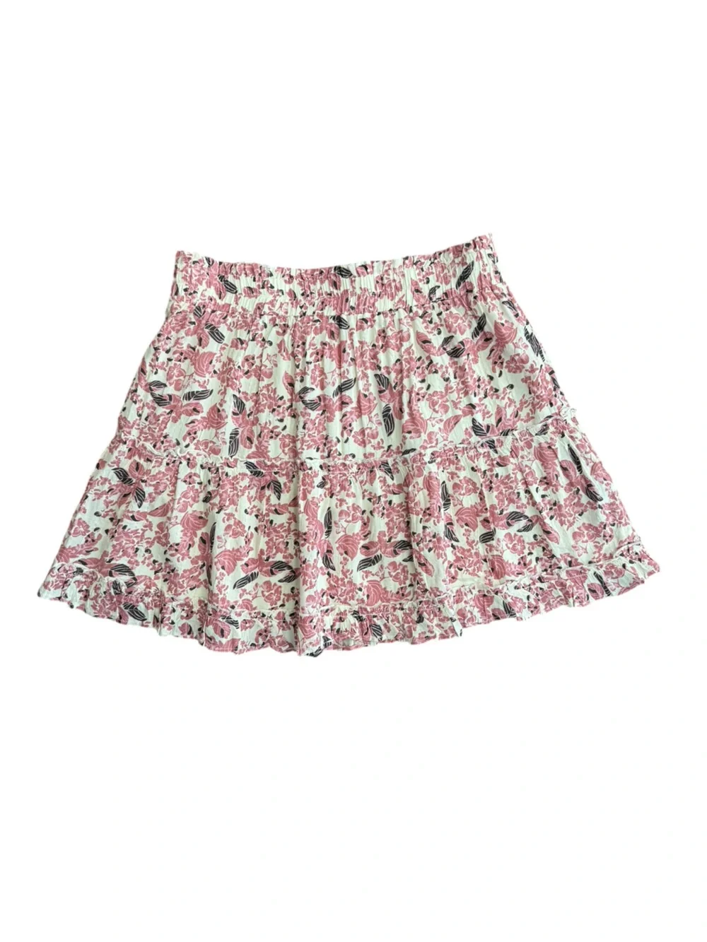 ANTHROPOLOGIE | NWT Bishop + Young Ruffle Mini Skirt in Pink Motif, Size Large